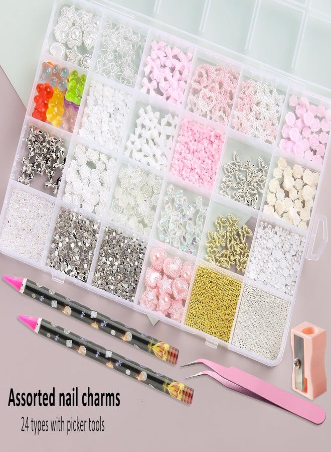 Fcozpjk 3D Nail Charms Bulk - Mix Assorted Colorful Nail Art Charms with Flowers, Hearts, Pearls, Butterflies, Bows & Crystals - Includes Pickup Tool - Image 2